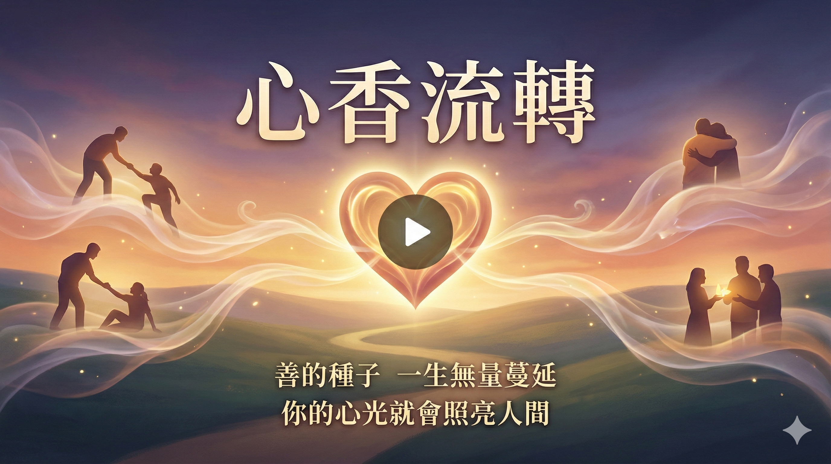 描繪四組人類互動的插圖，背景為柔和的自然風景，中央有一顆心形圖案，搭配播放按鈕，傳遞關於愛和善良的訊息。