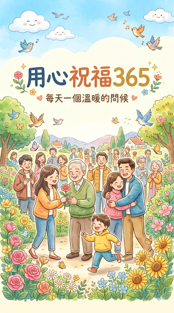 一群人在花園裡慶祝，展現快樂的日常和生活中的溫暖時刻。畫面中有孩子、老人和成年人的互動，周圍圍繞著花朵和飛翔的小鳥。