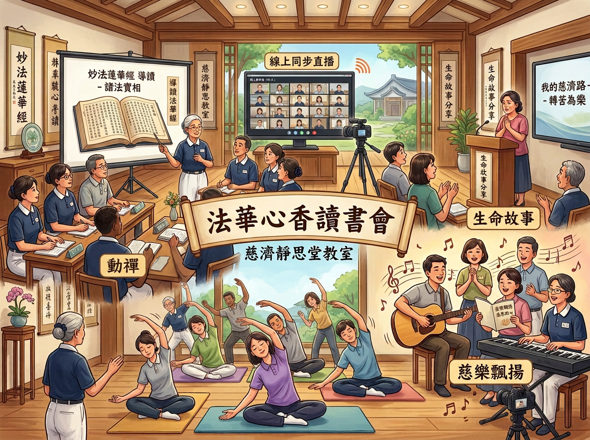 法華心香讀書會;導讀法華經、線上同步直播、生命故事分享、慈樂飄揚與慈濟靜思教室