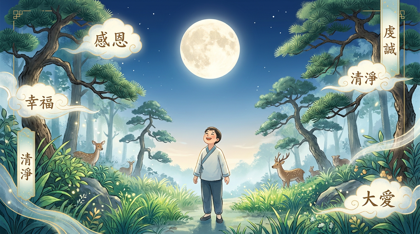 Moonlit forest with child, deer, and Chinese text: 感恩, 虔誠, 清淨, 幸福, 大愛